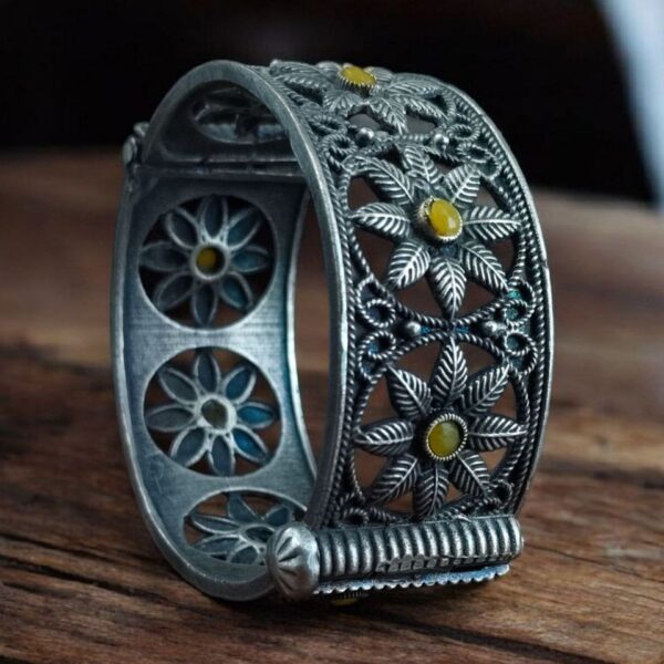 Traditional Oxidized Unique Flower Design Bangle | Silver Replica Ethnic Jewelry for Women - "Yellow"