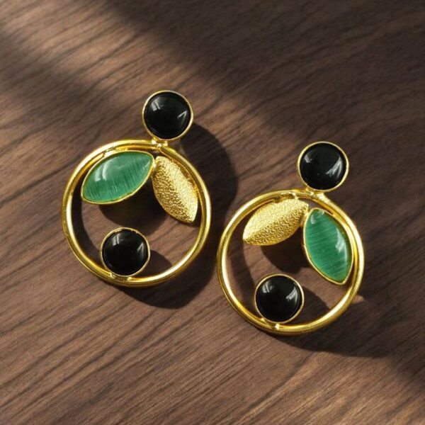 Gold Plated Leaf & Circle Design Earrings with Monalisa Stone ? Ethnic & Western Look Amazing Jewelry - "Black-Mint"