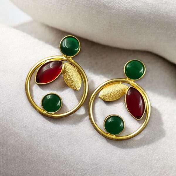 Gold Plated Leaf & Circle Design Earrings with Monalisa Stone ? Ethnic & Western Look Amazing Jewelry - "Red-Green"