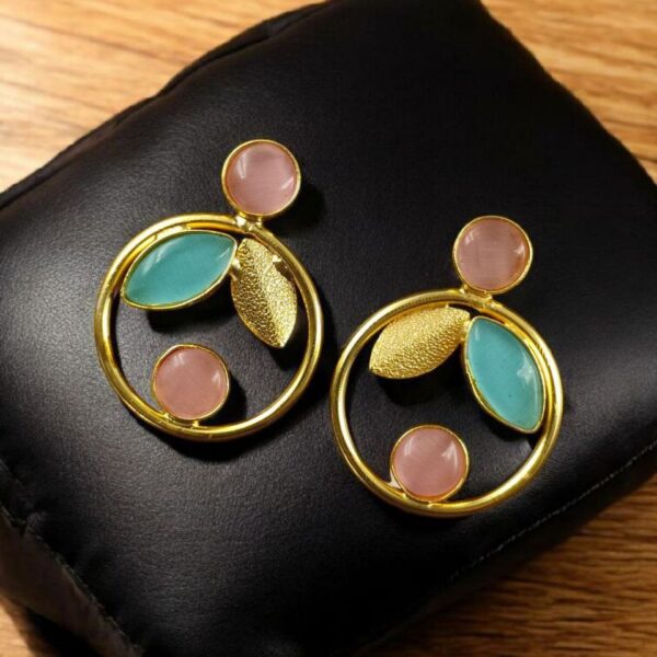 Gold Plated Leaf & Circle Design Earrings with Monalisa Stone ? Ethnic & Western Look Amazing Jewelry - "Baby Pink-Aqua"