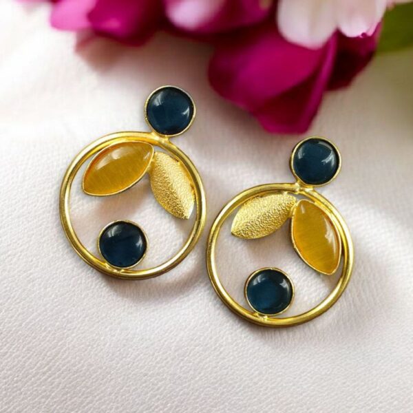 Gold Plated Leaf & Circle Design Earrings with Monalisa Stone ? Ethnic & Western Look Amazing Jewelry - "Yellow-Blue"