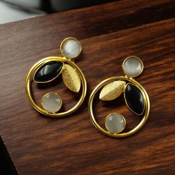 Gold Plated Leaf & Circle Design Earrings with Monalisa Stone ? Ethnic & Western Look Amazing Jewelry - "Black-Grey"