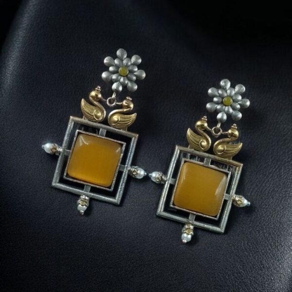 Lightweight Two-Tone Earrings | Western Look Monalisa Stone Best Bird Design Dangler Jewelry - "Yellow"