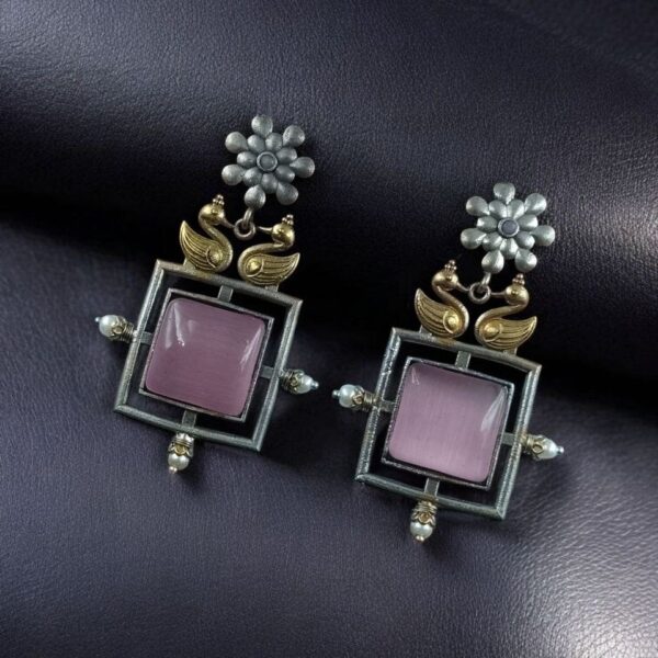 Lightweight Two-Tone Earrings | Western Look Monalisa Stone Best Bird Design Dangler Jewelry - "Baby Pink"