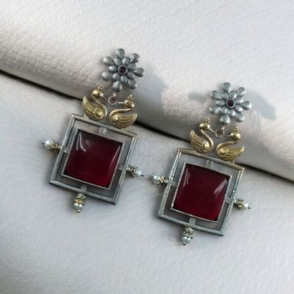 Lightweight Two-Tone Earrings | Western Look Monalisa Stone Best Bird Design Dangler Jewelry - "Red"