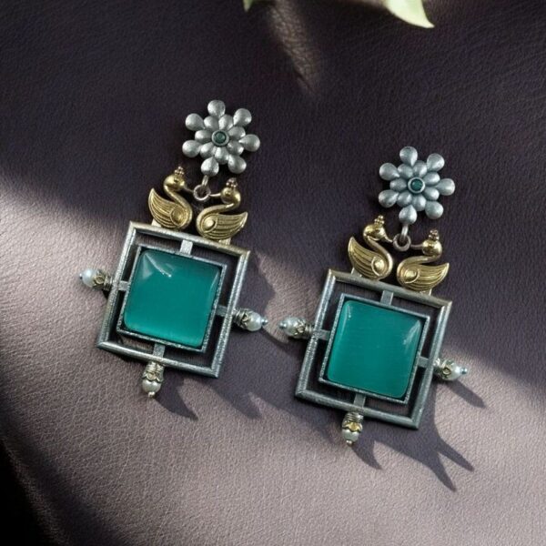 Lightweight Two-Tone Earrings | Western Look Monalisa Stone Best Bird Design Dangler Jewelry - "Mint"