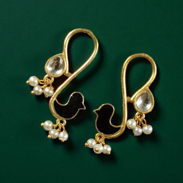 Gold Plated Enamel Bird Earrings | Western Look alike Stone & Pearl Work Beautiful Jewelry - "Black-White"