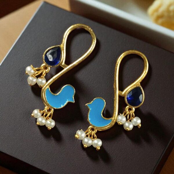 Gold Plated Enamel Bird Earrings | Western Look alike Stone & Pearl Work Beautiful Jewelry - "Aqua-Blue"