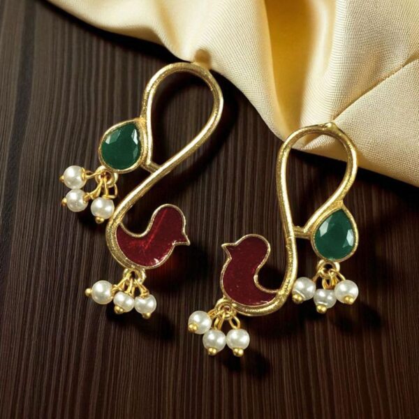Gold Plated Enamel Bird Earrings | Western Look alike Stone & Pearl Work Beautiful Jewelry - "Red-Green"