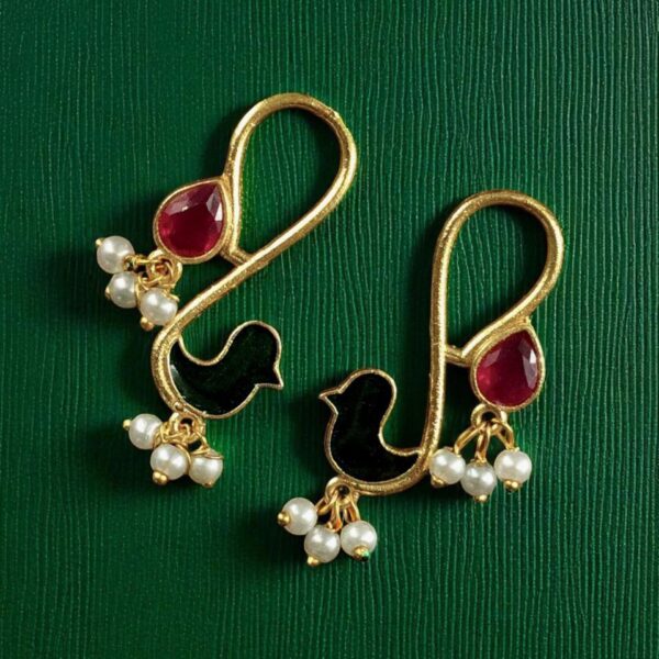 Gold Plated Enamel Bird Earrings | Western Look alike Stone & Pearl Work Beautiful Jewelry - "Green-Red"