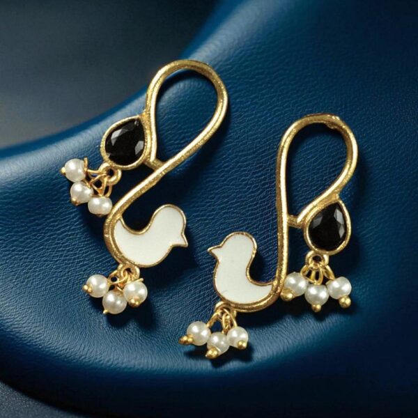 Gold Plated Enamel Bird Earrings | Western Look alike Stone & Pearl Work Beautiful Jewelry - "White-Black"