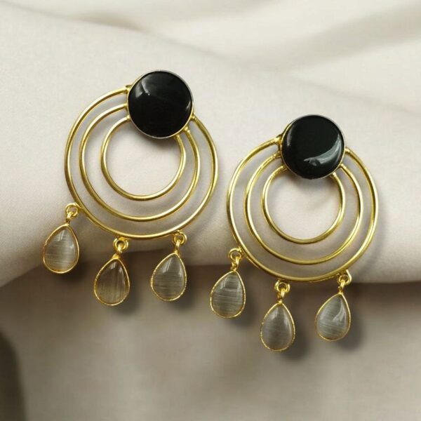 Gold Plated Round Dangler Earrings | Monalisa Stone Ethnic Western Look Beautiful Jewelry - "Black-Grey"