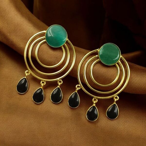 Gold Plated Round Dangler Earrings | Monalisa Stone Ethnic Western Look Beautiful Jewelry - "Mint-Black"