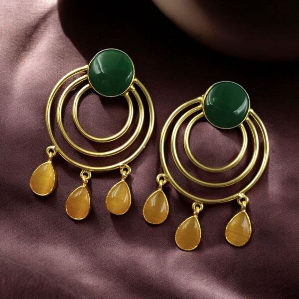 Gold Plated Round Dangler Earrings | Monalisa Stone Ethnic Western Look Beautiful Jewelry - "Green-Yellow"