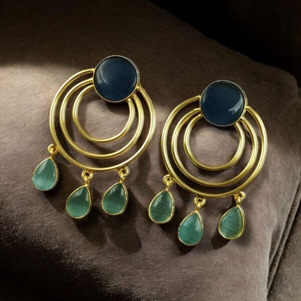 Gold Plated Round Dangler Earrings | Monalisa Stone Ethnic Western Look Beautiful Jewelry - "Blue-Aqua"