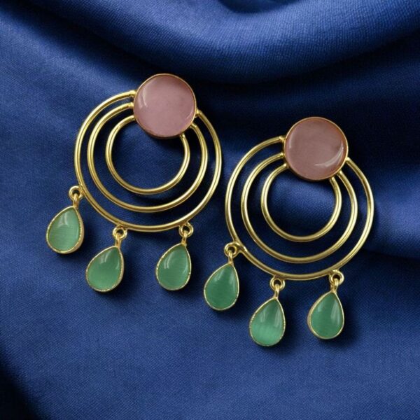 Gold Plated Round Dangler Earrings | Monalisa Stone Ethnic Western Look Beautiful Jewelry - "Baby Pink-Mint"