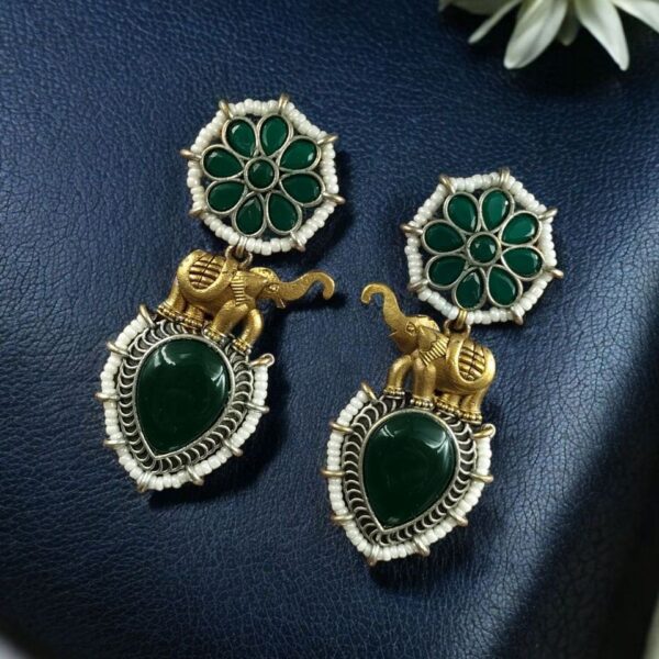 Western Look Two-Tone Elephant Earrings | Monalisa Stone & Beautiful Pearl Work Dangler Jewelry - "Green"