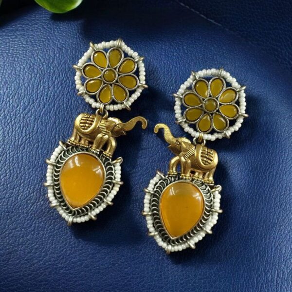 Western Look Two-Tone Elephant Earrings | Monalisa Stone & Beautiful Pearl Work Dangler Jewelry - "Yellow"