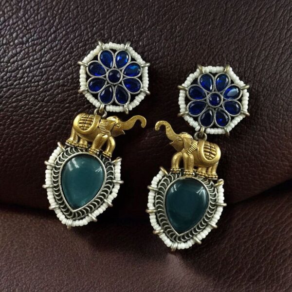 Western Look Two-Tone Elephant Earrings | Monalisa Stone & Beautiful Pearl Work Dangler Jewelry - "Blue"