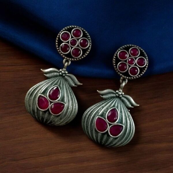 Oxidized Silver Plated Dangler Earrings | Unique Design Western Look Jewelry For Girls - "Red"