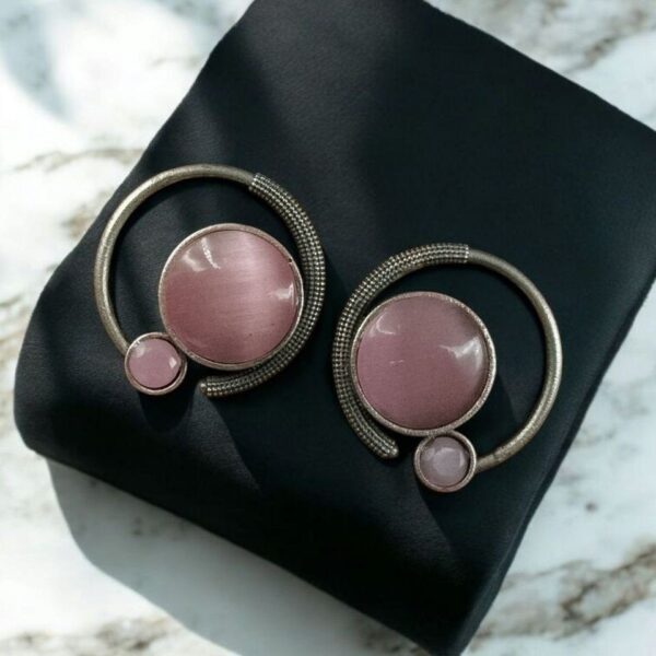 Oxidized Round Shape Earrings | Silver Plated Monalisa Stone Jewelry Best Gift for Her - "Baby Pink"