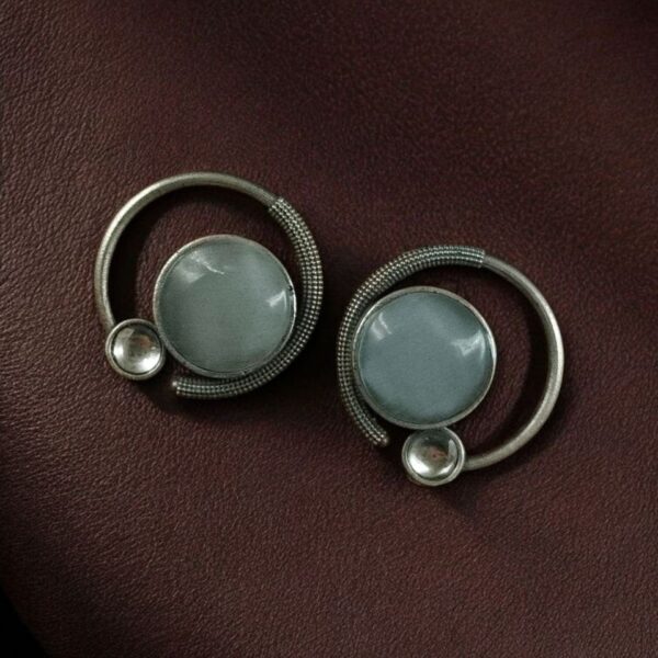 Oxidized Round Shape Earrings | Silver Plated Monalisa Stone Jewelry Best Gift for Her - "Grey"