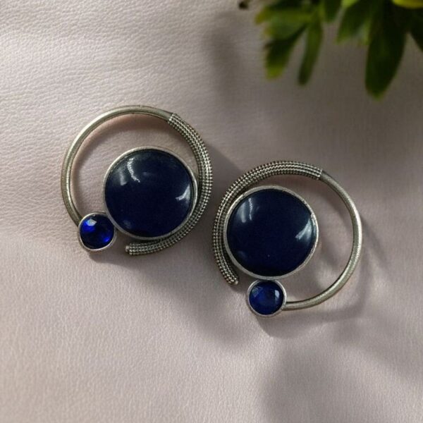 Oxidized Round Shape Earrings | Silver Plated Monalisa Stone Jewelry Best Gift for Her - "Blue"