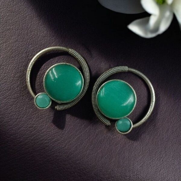 Oxidized Round Shape Earrings | Silver Plated Monalisa Stone Jewelry Best Gift for Her - "Mint"