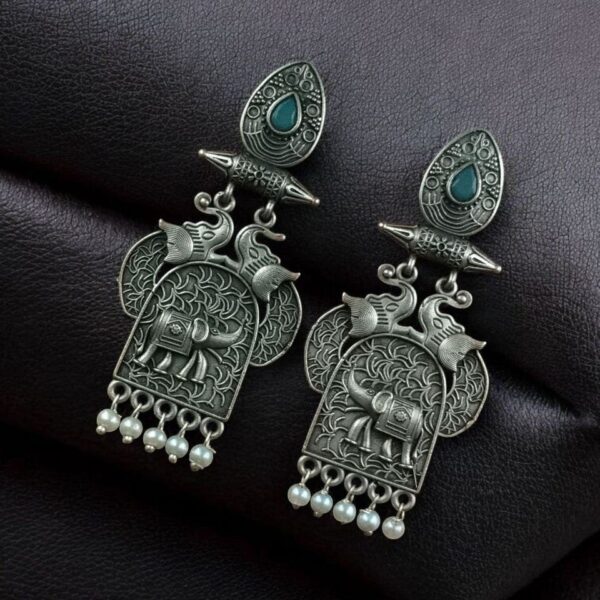 Traditional Oxidized Elephant Earrings | Best Silver Finish Dangler with Stone & Pearl Work - "Aqua"