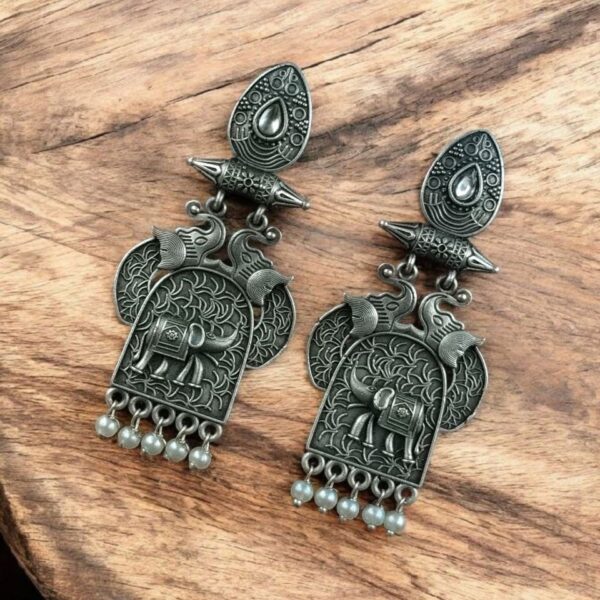 Traditional Oxidized Elephant Earrings | Best Silver Finish Dangler with Stone & Pearl Work - "White"