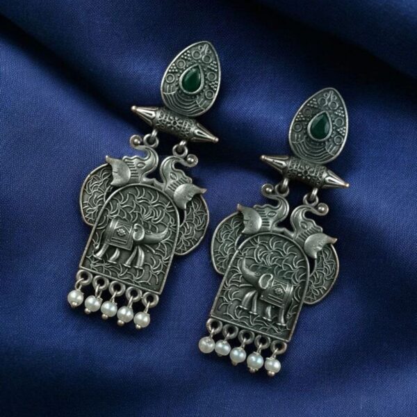 Traditional Oxidized Elephant Earrings | Best Silver Finish Dangler with Stone & Pearl Work - "Green"