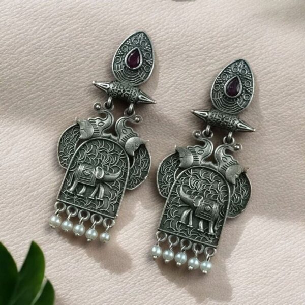 Traditional Oxidized Elephant Earrings | Best Silver Finish Dangler with Stone & Pearl Work - "Pink"
