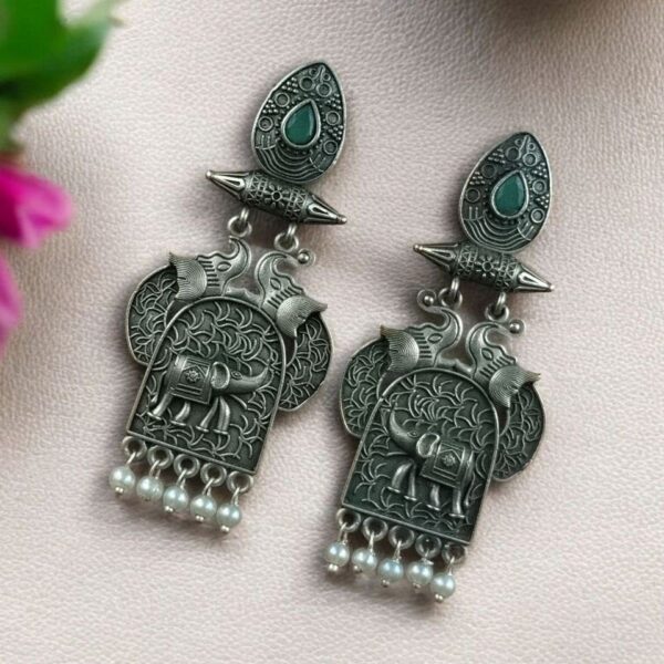 Traditional Oxidized Elephant Earrings | Best Silver Finish Dangler with Stone & Pearl Work - "Mint"