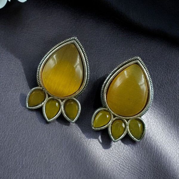 Ethnic Silver Plated Stud Earrings | Monalisa Stone Unique Design Oxidized Jewelry - "Yellow"
