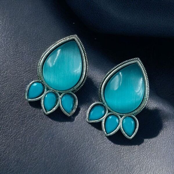 Ethnic Silver Plated Stud Earrings | Monalisa Stone Unique Design Oxidized Jewelry - "Aqua"