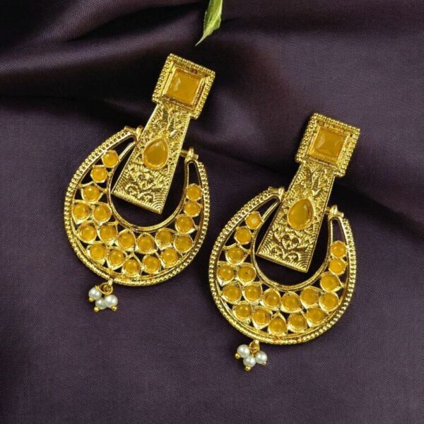 Gold Plated Western Look Earrings | Pearl & Stone Work Unique & Ethnic Jewelry For Women - "Yellow"