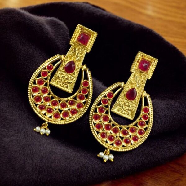 Gold Plated Western Look Earrings | Pearl & Stone Work Unique & Ethnic Jewelry For Women - "Red"