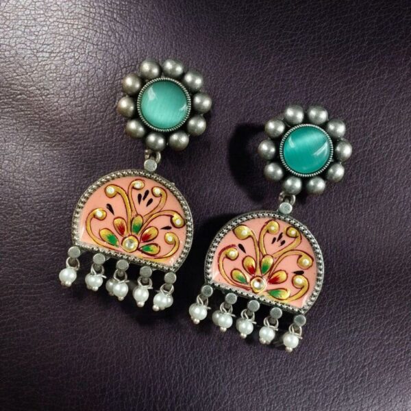 Handpanted Silver Touch Earrings With Stone Stud | Unique Premium Jaipur Jewelry - "Cream"