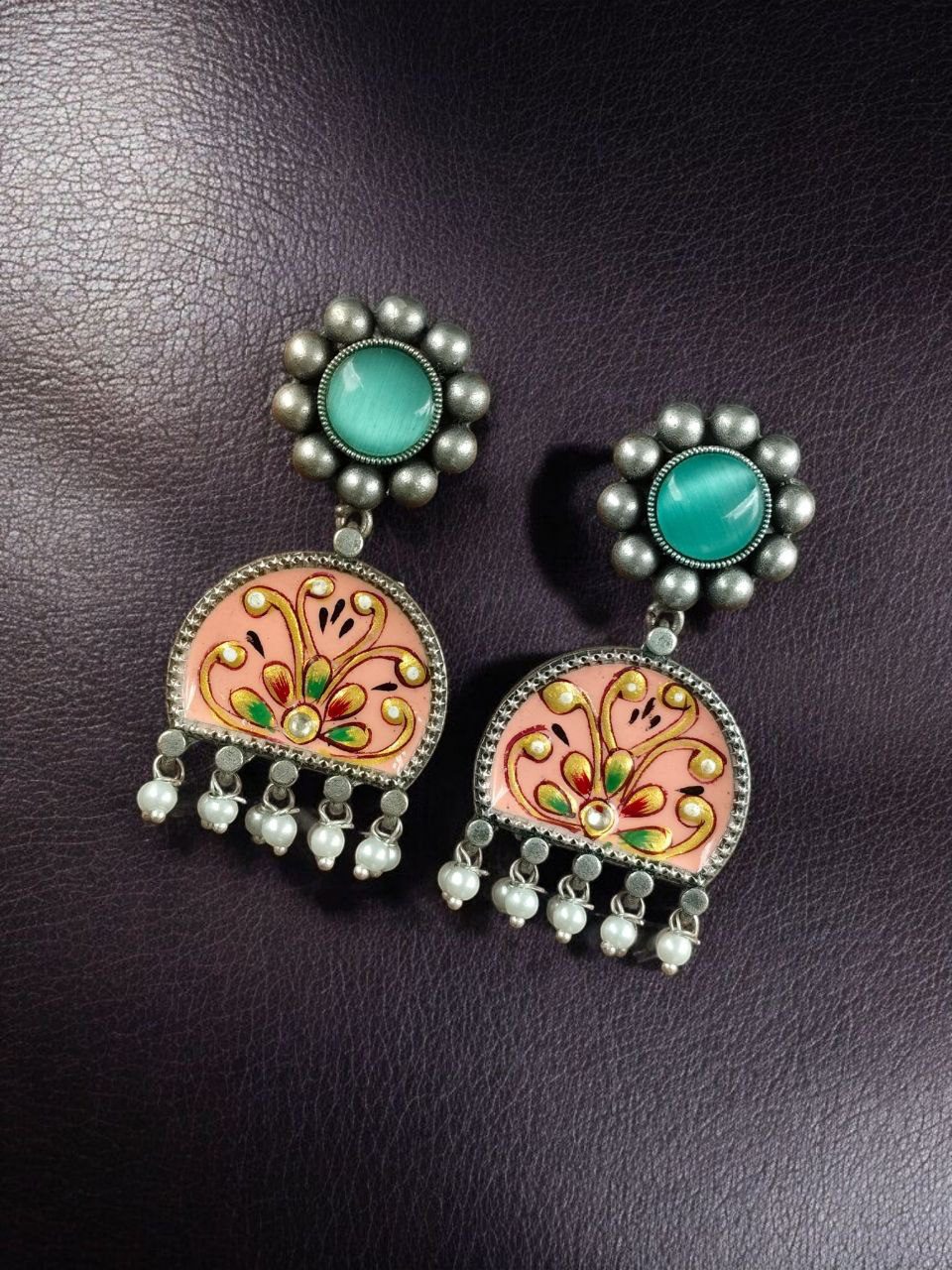Handpanted Silver Touch Earrings With Stone Stud | Unique Premium Jaipur Jewelry - Image 11