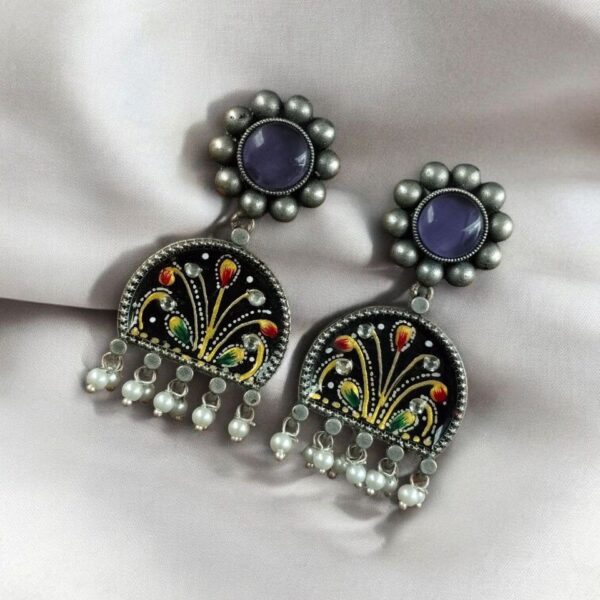Handpanted Silver Touch Earrings With Stone Stud | Unique Premium Jaipur Jewelry - "Black"