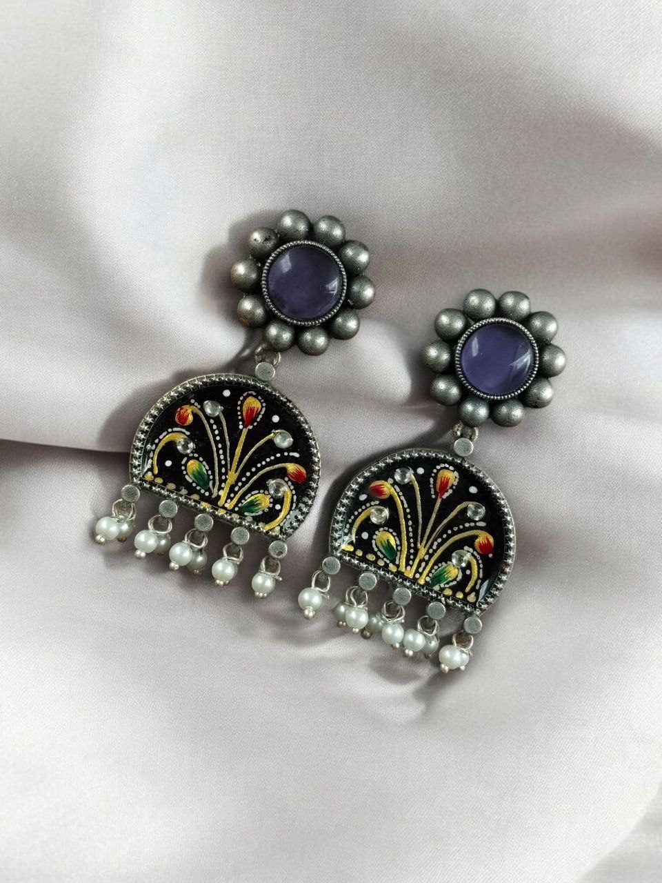 Handpanted Silver Touch Earrings With Stone Stud | Unique Premium Jaipur Jewelry - Image 10