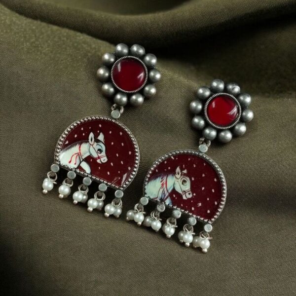 Handpanted Silver Touch Earrings With Stone Stud | Unique Premium Jaipur Jewelry - "Horse"