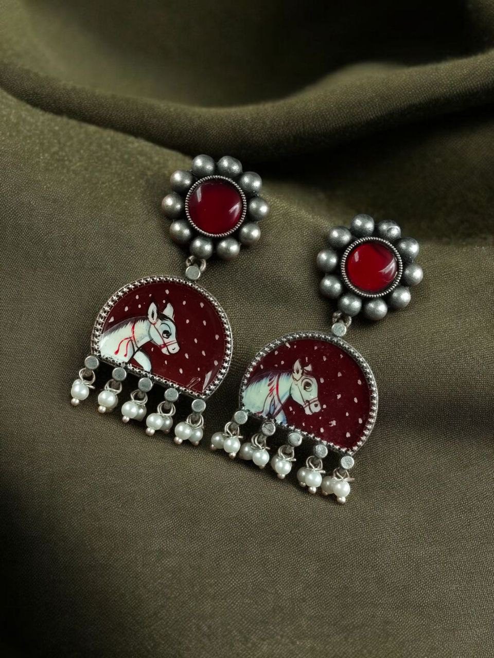 Handpanted Silver Touch Earrings With Stone Stud | Unique Premium Jaipur Jewelry - Image 9