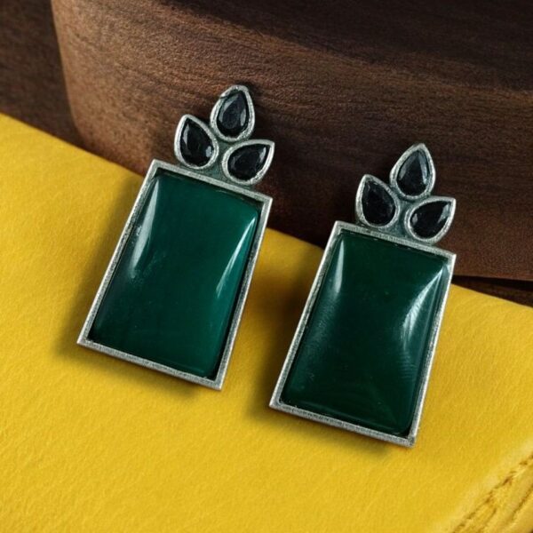 Premium Quality Monalisa Stone Jewellery - Oxidised Silver Replica Stone Stud Earrings - "Green-Black"