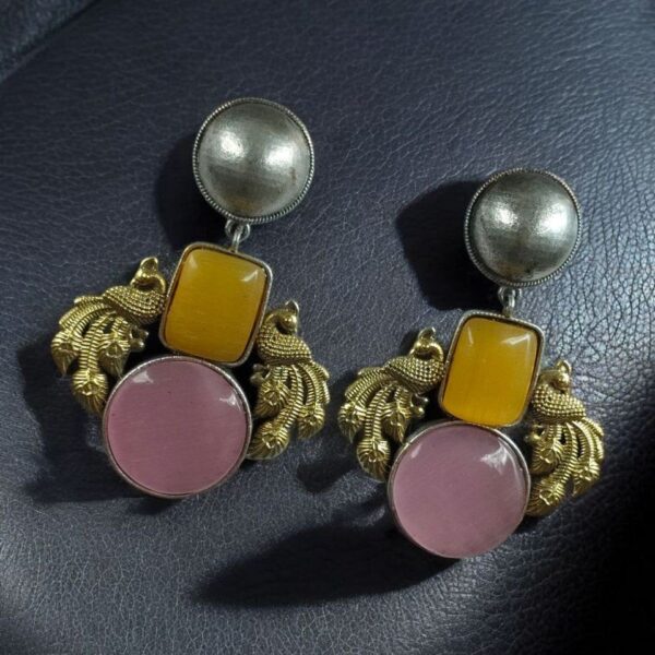 Elegant Peacock-Inspired Two-Tone Brass Earrings with Monalisa Stone ? A Contemporary Choice for Every Occasion - "Yellow-Babypink"