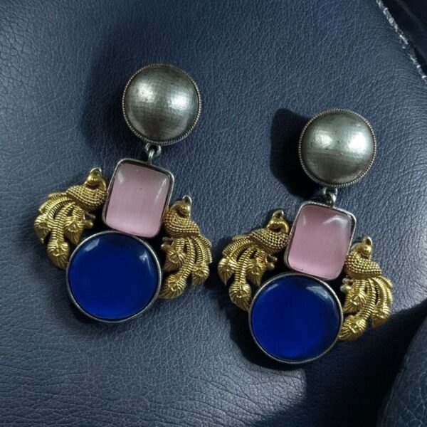 Elegant Peacock-Inspired Two-Tone Brass Earrings with Monalisa Stone ? A Contemporary Choice for Every Occasion - "Babypink-Blue"