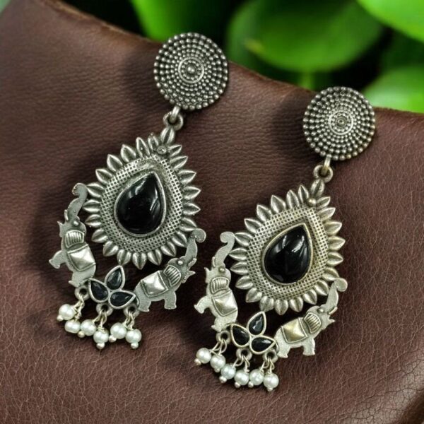 Oxidized Elephant Dangler Earrings with Pearl & Stone ? Silver Plated Perfect Ethnic Jewelry - "Black"