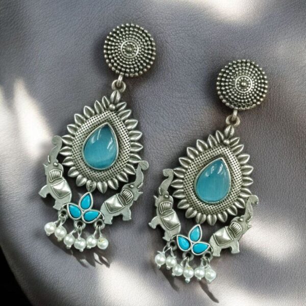 Oxidized Elephant Dangler Earrings with Pearl & Stone ? Silver Plated Perfect Ethnic Jewelry - "Aqua"