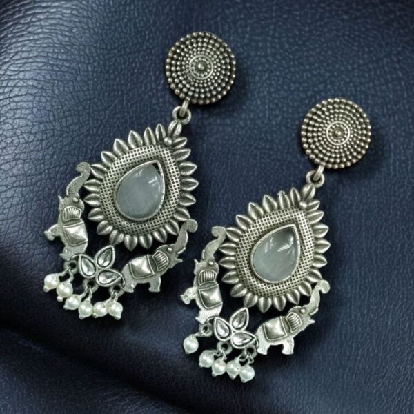 Oxidized Elephant Dangler Earrings with Pearl & Stone ? Silver Plated Perfect Ethnic Jewelry - "Grey"