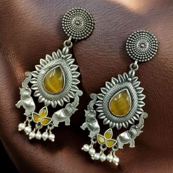 Oxidized Elephant Dangler Earrings with Pearl & Stone ? Silver Plated Perfect Ethnic Jewelry - "Yellow"